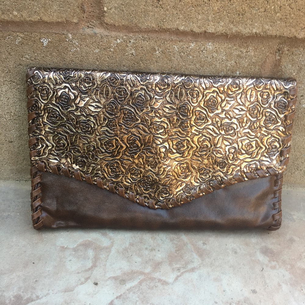 Forever 21 Brown/Gold Rose Clutch Handbag